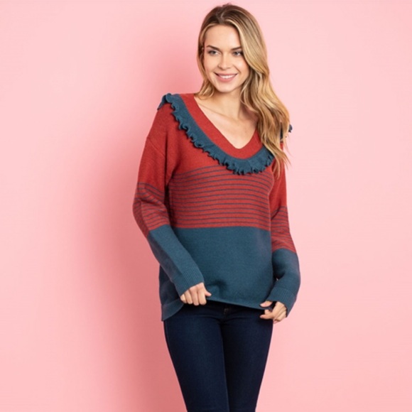 Entro Teal & Rust Striped Ruffle Sweater - Picture 2 of 9